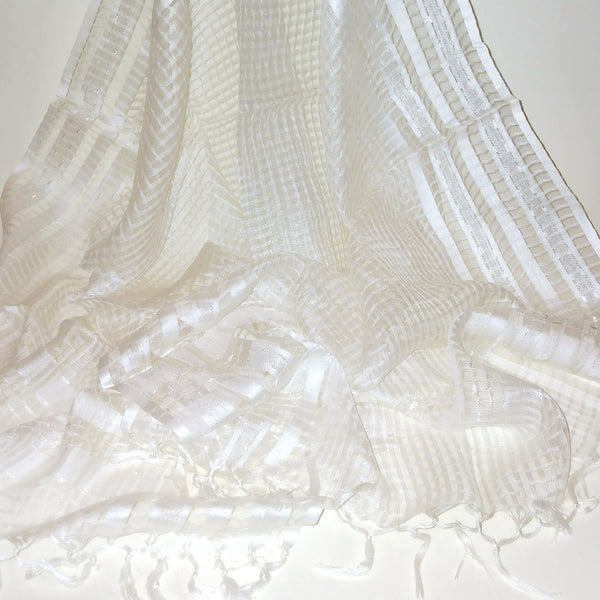 Sheer scarf in white with subtle square windowpane weave, available at Cerulean Arts.