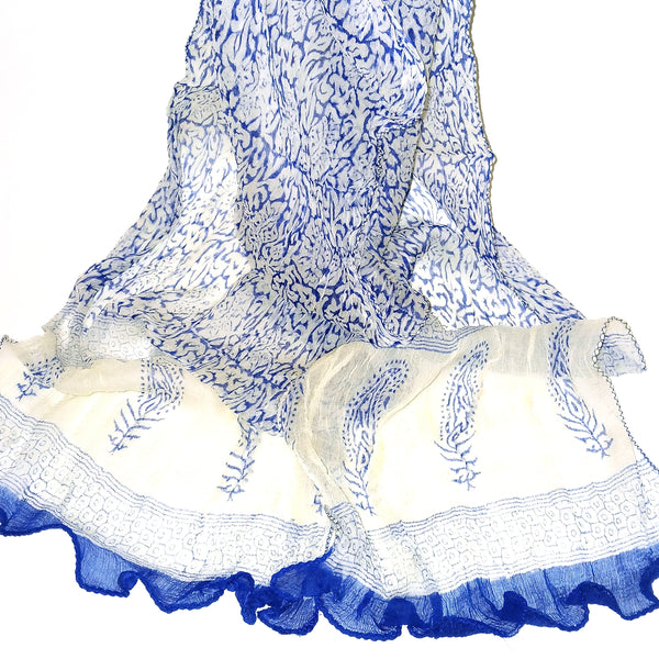 Block print scarf in blue and cream available at Cerulean Arts.
