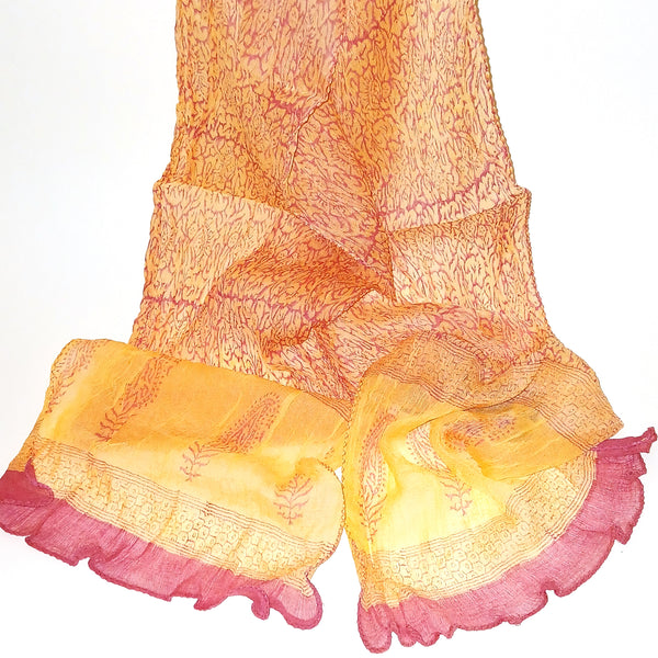 Block print scarf in sherbet orange with pink available at Cerulean Arts.