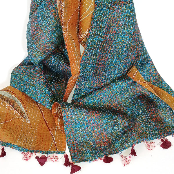Silkscarf made from upcycled saris with kantha embroidery stitching available at Cerulean Arts.