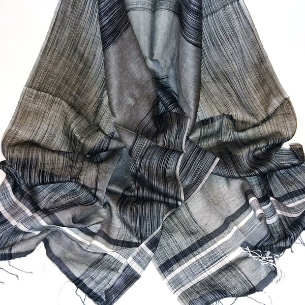 Black & white ikat scarf hand-woven in fine cotton, available at Cerulean Arts.