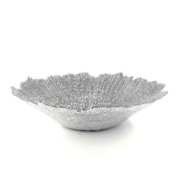 Hand-gilded glass centerpiece bowl in silver featuring a radial texture and free-form edge available at Cerulean Arts.  