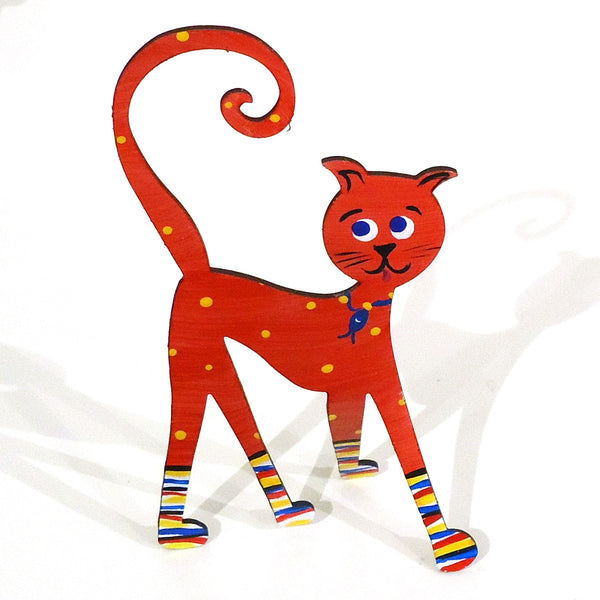 Hand painted steel sculpture of a whimsical sitting cat in umbrella red available at Cerulean Arts. Curled tail of sculpture can serve as a photo or business card holder.