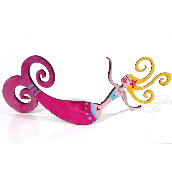 Hand painted steel sculpture of a whimsical mermaid facing up in polka dot pink, available at Cerulean Arts. Curled tail and hair of sculpture can serve as a photo or business card holder.