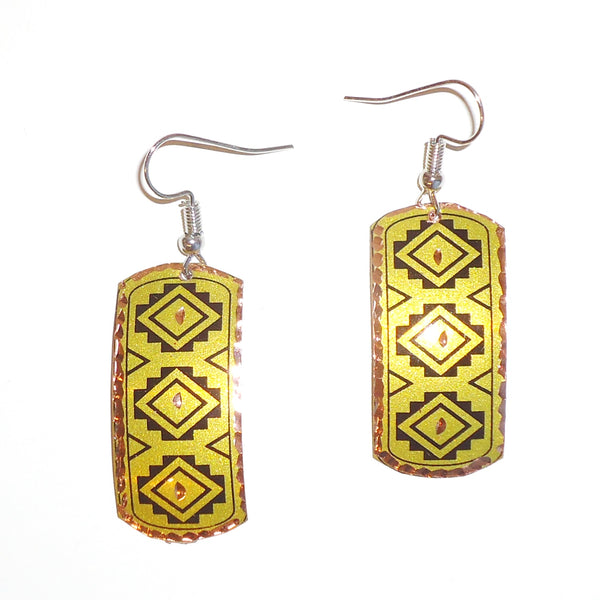 Etched copper geometric earrings with chartreuse rectangle design available at Cerulean Arts.