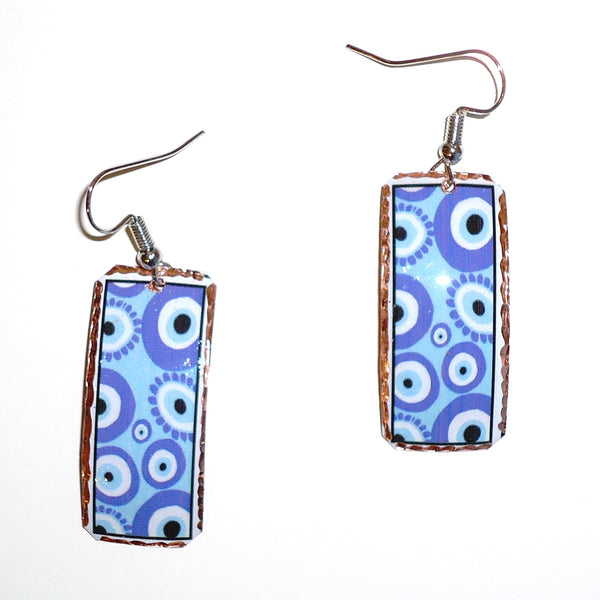 Etched copper geometric earrings with blue rectangle design available at Cerulean Arts.
