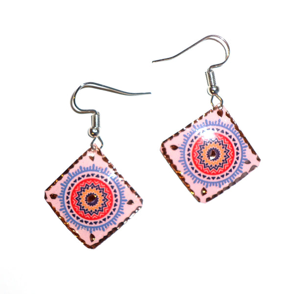 Etched copper geometric earrings with pink diamond design available at Cerulean Arts.
