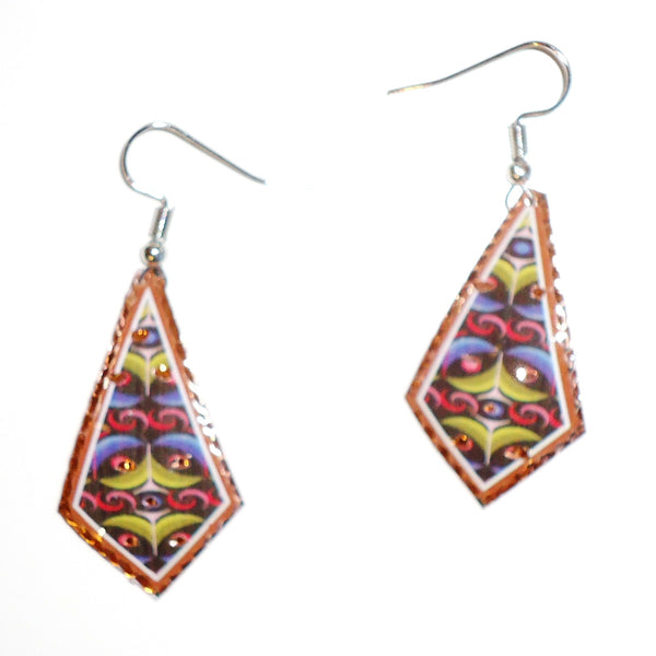 Etched copper geometric earrings with multicolor long diamond design available at Cerulean Arts.