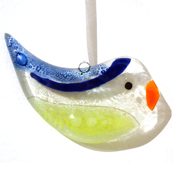 Fused glass bird suncatcher in blue and green, available at Cerulean Arts