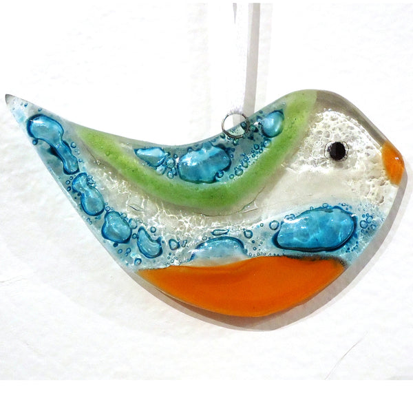 Fused glass bird suncatcher in turquoise and orange, available at Cerulean Arts.