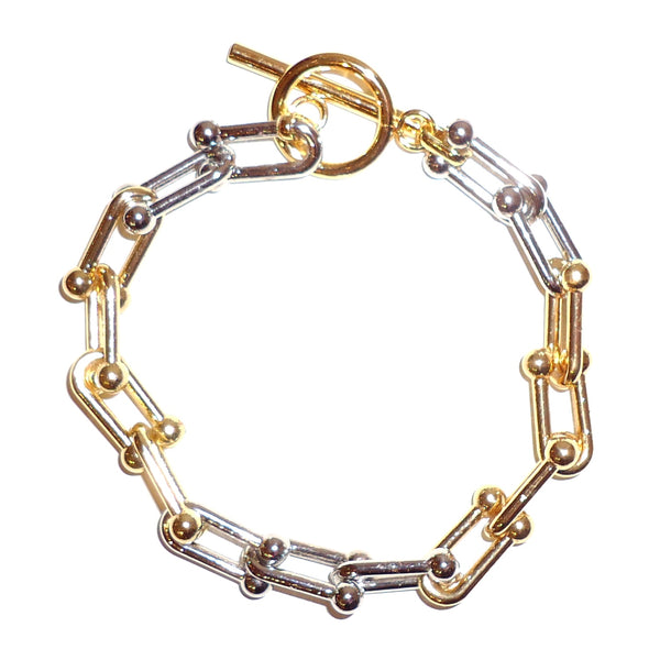 14 k gold plated &amp; silver plated mixed link bracelet with toggle clasp, available at Cerulean Arts.