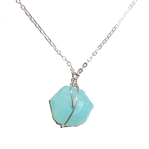 Sterling silver chain necklace with wire wrapped Key West Blue agate pendant, available at Cerulean Arts.