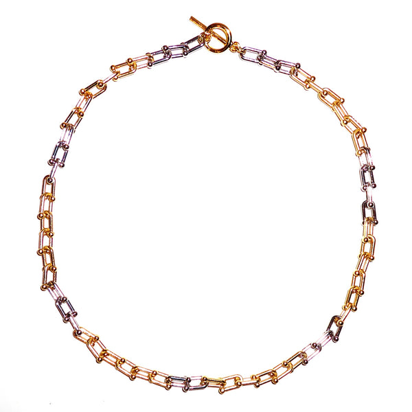 14K gold plated and silver plated mixed link toggle necklace available at Cerulean Arts.