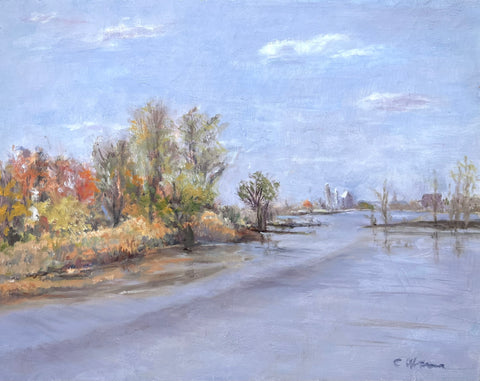 High Tide at Westville, oil on panel landscape painting by Cerulean Arts Collective member Celia Abram