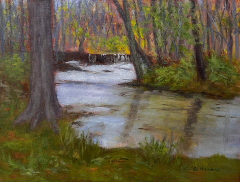 Ridley Creek Park Falls, oil on linen panel landscape painting by Cerulean Arts Collective member Celia Abrams