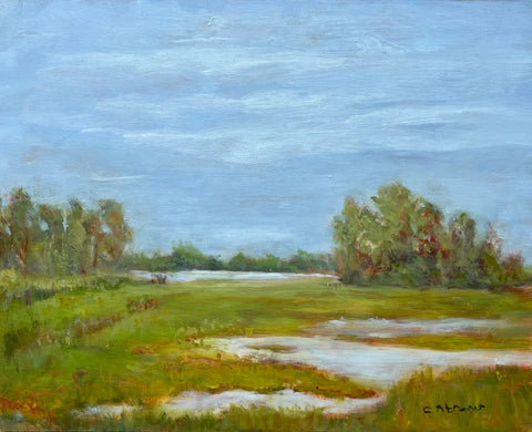 Summer Big Timber Creek, oil on panel landscape painting by Cerulean Arts Collective member Celia Abrams