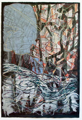 Redline - Critical Trends, mixed media painting on paper by artist Nancy Agati