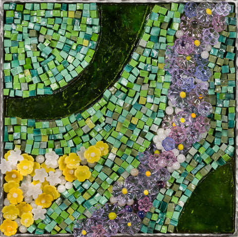 Landscapes 1, mixed media and flame-worked glass mosaic by Cerulean Arts Collective member Barbara Bix