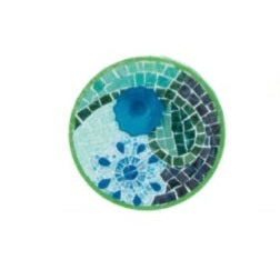 In Bloom Iris, smalti on wood design with kiln-formed glass flowers sculpture by Cerulean Arts Collective member Barbara Bix.