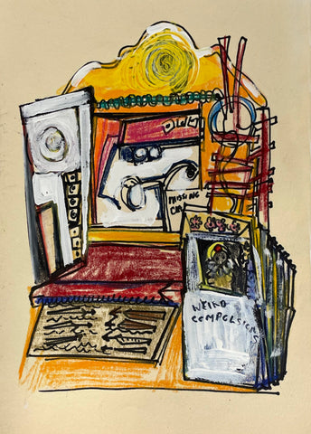 Sketches for the Theatre #4, mixed media on paper painting by Cerulean Arts Collective Member Lydia Hamilton Brown