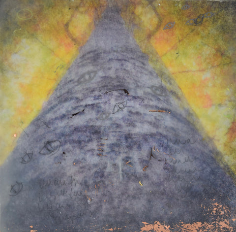 Encoded, encaustic, mixed media and metallic foil on birch panel painting by Cerulean Arts Collective member Damini Celebre