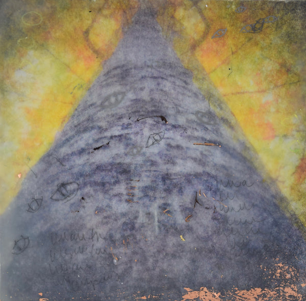 Encoded, encaustic, mixed media and metallic foil on birch panel painting by Cerulean Arts Collective member Damini Celebre