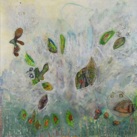 Grove, encaustic and mixed media with metallic foil on birch panel painting by Cerulean Arts Collective member Damini Celebre