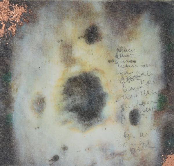 Holding Center, encaustic, mixed media and metallic foil on birch panel painting by Cerulean Arts Collective member Damini Celebre