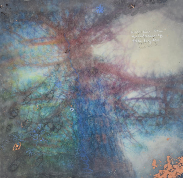 Matsu, encaustic, mixed media and metallic foil on birch panel painting by Cerulean Arts Collective member Damini Celebre