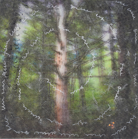 Story Teller, encaustic, mixed media and metallic foil on birch panel painting by Cerulean Arts Collective member Damini Celebre