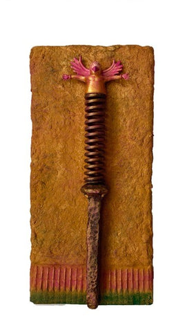 Good Morning!, handmade paper pulp, toothpicks, railroad spike, spring & finger puppet sculpture by Cerulean Collective Member Carol Cole