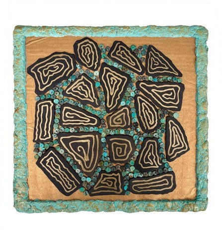 Meander,handmade paper pulp, gold paper, black porcelain, gold ink, & turquoise beads sculpture by Cerulean Collective Member Carol Cole