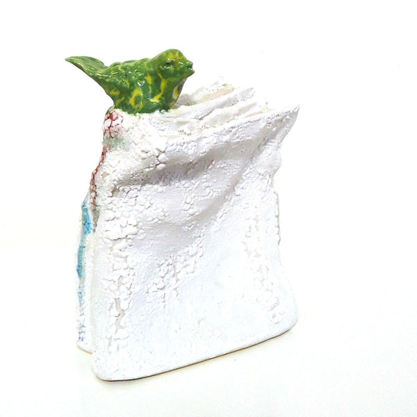 Book with Bird II, glazed clay sculpture by Pennsylvania artist Matthew Courtney. Included in the exhibition Fine Feathered Friends, at Cerulean Arts March 26 - April 20, 2025.