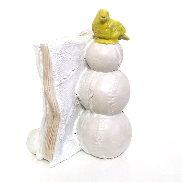Book with Bird III, glazed clay sculpture by Pennsylvania artist Matthew Courtney.  Included in the exhibition Fine Feathered Friends, at Cerulean Arts March 26 - April 20, 2025.