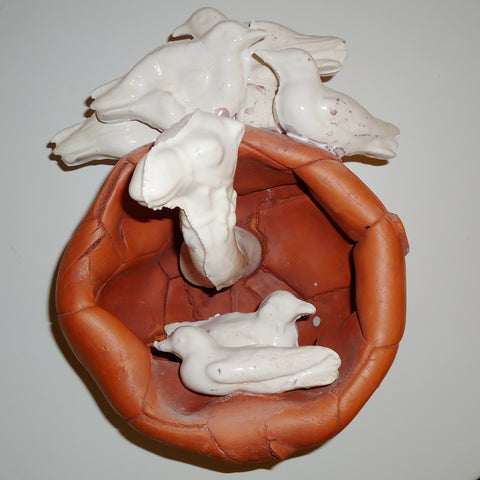 Crowded Nest,&nbsp;clay and glaze sculpture by Matthew Courtney available at Cerulean Arts. Included in the exhibition Fine Feathered Friends at Cerulean Arts March 26 - April 20, 2025.