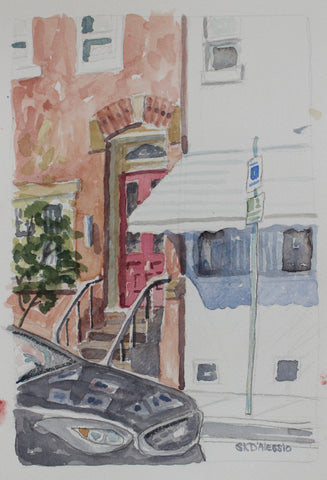 Red Door and White Awning, watercolor on paper cityscape painting by Cerulean Arts Collective Member Susan K. D'Alessio.