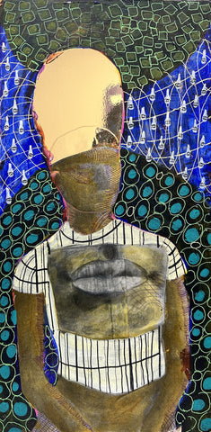 Divine Guidance System, mixed media on wood painting by Philadelphia artist Mikel Elam