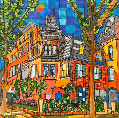 18th Street, acrylic and collage on paper painting by Cerulean Arts Collective Member Dora Ficher