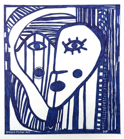 365_28_2025, blue ink pen on paper painting by Cerulean Arts Collective Member Dora Ficher