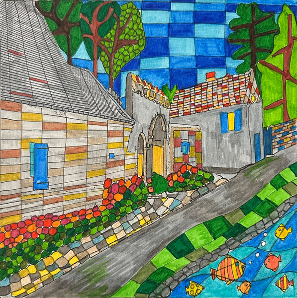 By the Road (Trip to Paris), pen and ink on paper painting by Cerulean Arts Collective Member Dora Ficher