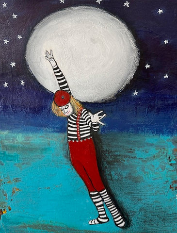 Close to the Moon, acrylic and collage on paper painting by Cerulean Arts Collective Member Dora Ficher