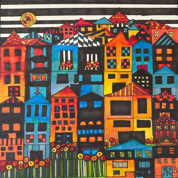 Colorful Village, alcohol inks on paper painting by Cerulean Arts Collective Member Dora Ficher