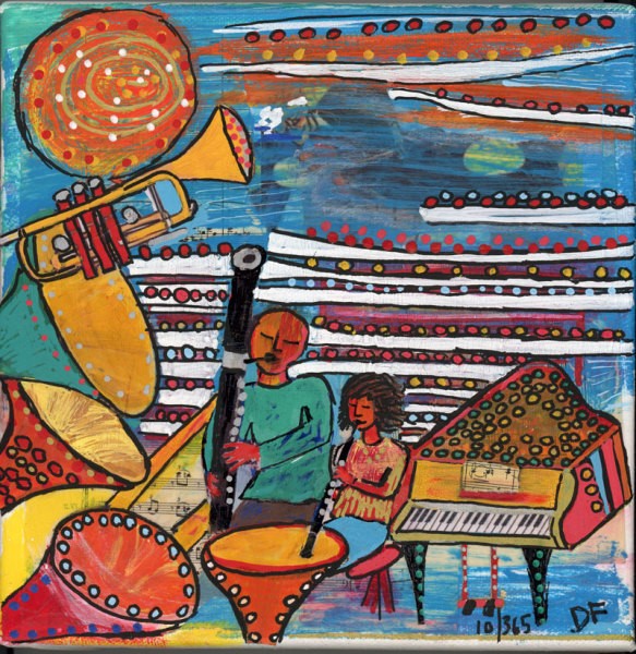 First Movement, acrylic, pen and ink, watercolor and collage on paper painting by Cerulean Arts Associate Collective Member Dora Ficher