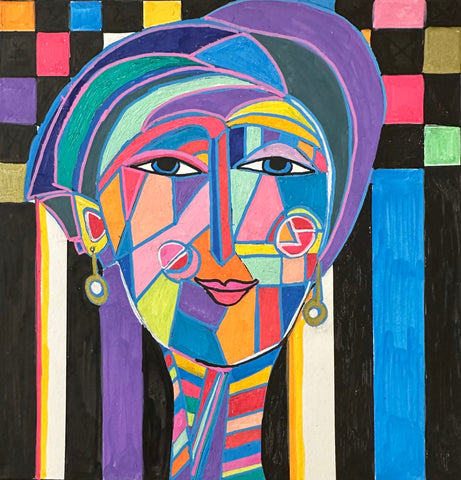 Gold Earrings, acrylic markers on paper painting by Cerulean Arts Collective Member Dora Ficher