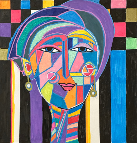 Gold Earrings, acrylic markers on paper painting by Cerulean Arts Collective Member Dora Ficher