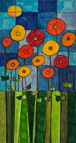 I Love Poppies, pen and ink on paper painting by Cerulean Arts Collective Member Dora Ficher. 
