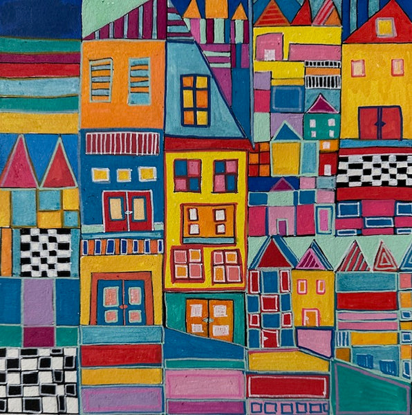 I See Some Red Roofs, acrylic paint and acrylic markers on paper painting by Cerulean Arts Collective Member Dora Ficher