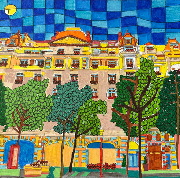 Paris in July, pen and ink on paper painting by Cerulean Arts Collective Member Dora Ficher