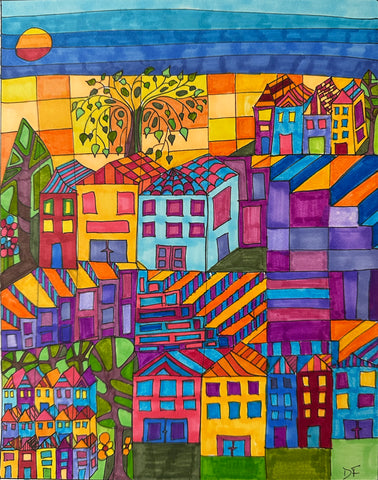 Purple Island, pen, ink and markers on paper painting by Cerulean Arts Collective Member Dora Ficher