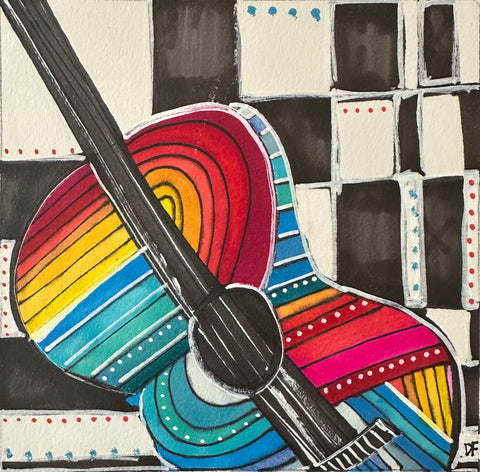 Rainbow Guitar, alcohol inks on paper painting by Cerulean Arts Collective Member Dora Ficher